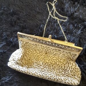 CREAM & GOLD BEADED VINTAGE EVENING BAG